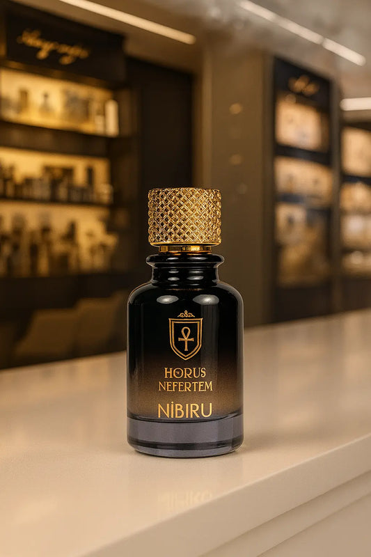 Horus Nefertem Nibiru perfume – luxury black and gold fragrance bottle with mysterious scent notes
