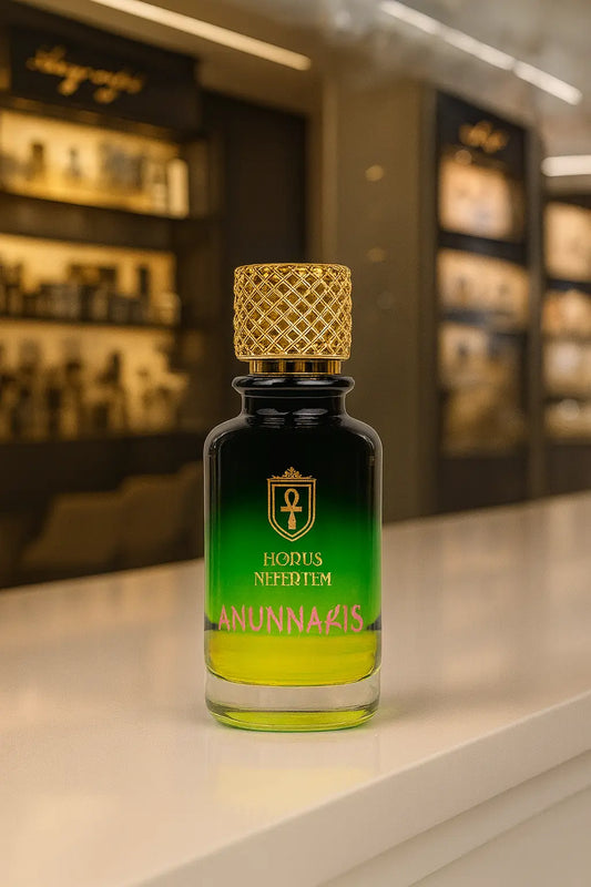 Horus Nefertem Anunnakis perfume – luxury mystical fragrance with citrus, rose, oud, and musk notes