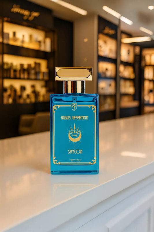Horus Nefertem Sky God perfume – luxury celestial fragrance with orange blossom, mandarin, ylang-ylang, sandalwood, and musk